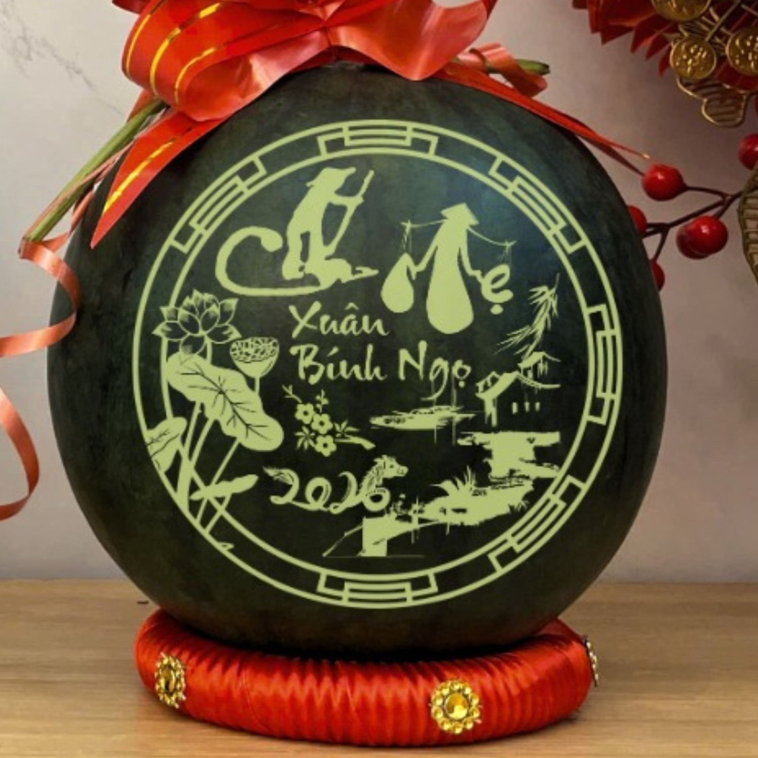 Mẫu dưa hấu khắc Xuân Bính Ngọ 2026