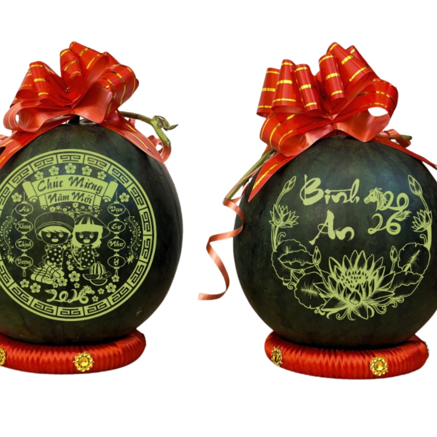 Cặp dưa hấu khắc Chúc mừng năm mới và Bình An 2026