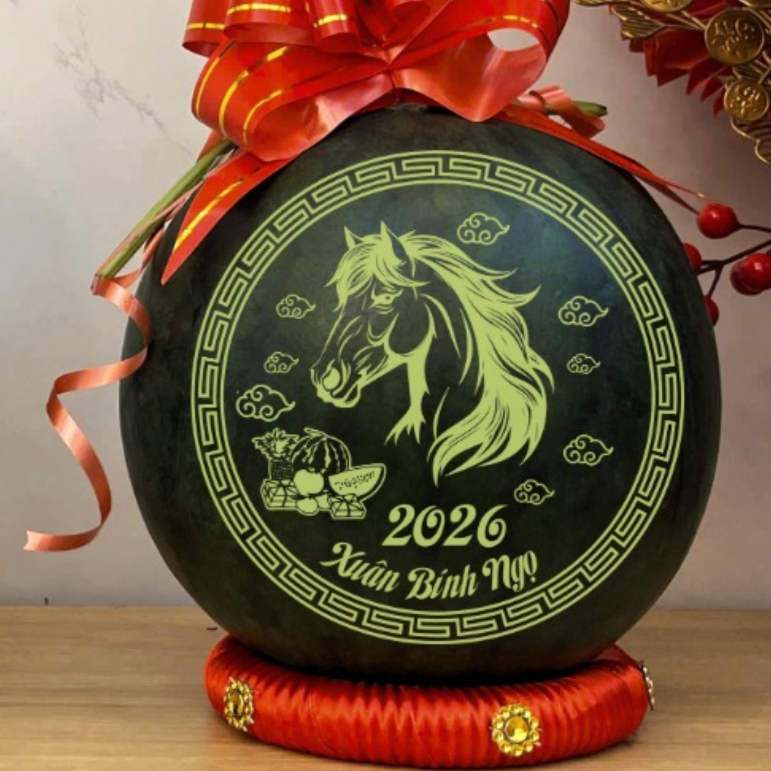 Dưa hấu khắc chữ Xuân Bính Ngọ 2026